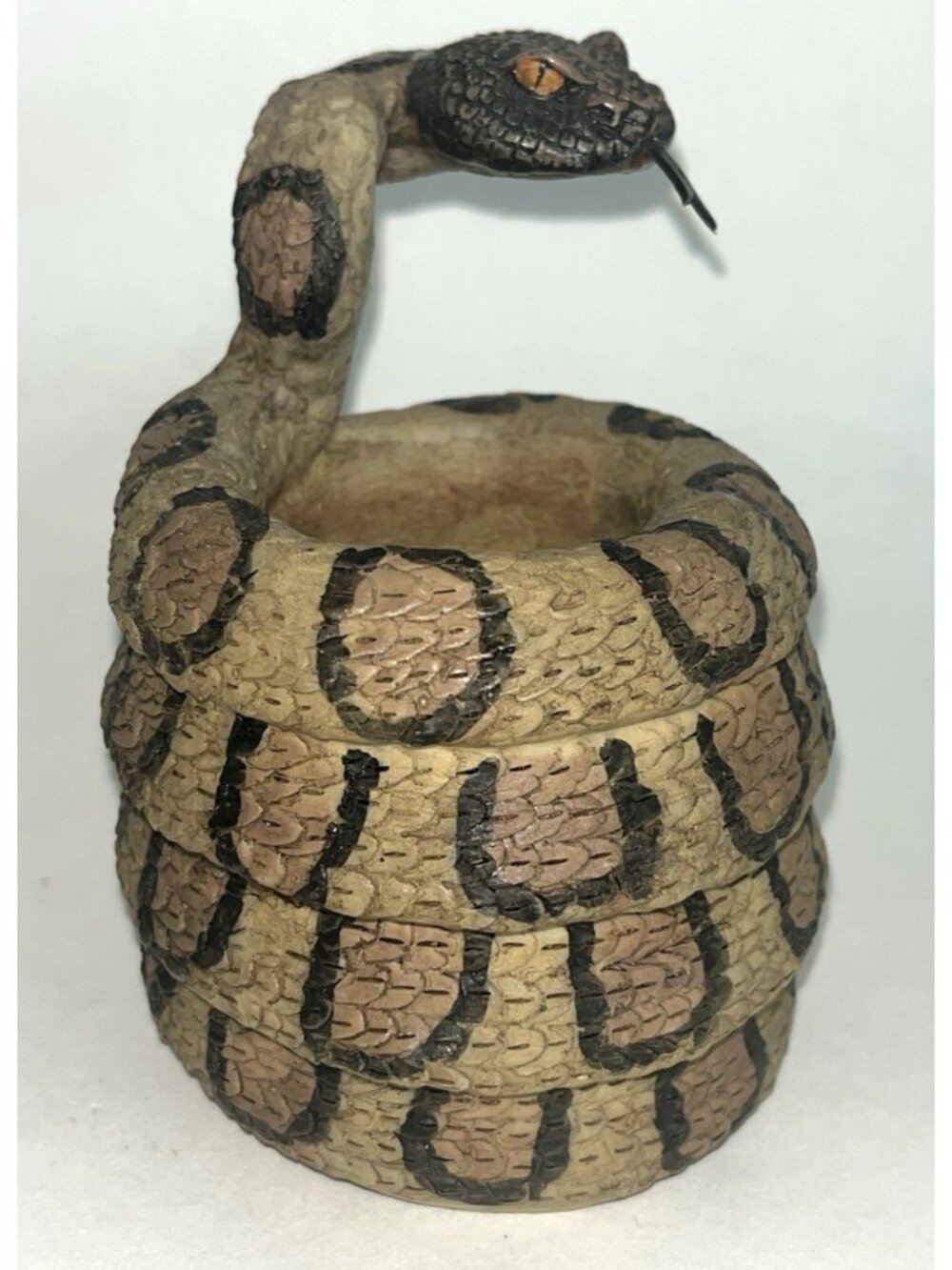 Coiled Rattle Snake Forked Tongue Trinket Holder Eyes 3x4.5" Figure Hand Painted